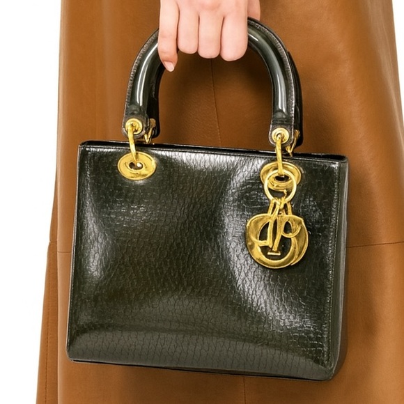 DIOR Olive Green Monogram Patent Leather Lady Dior Bag - Picture 1 of 16